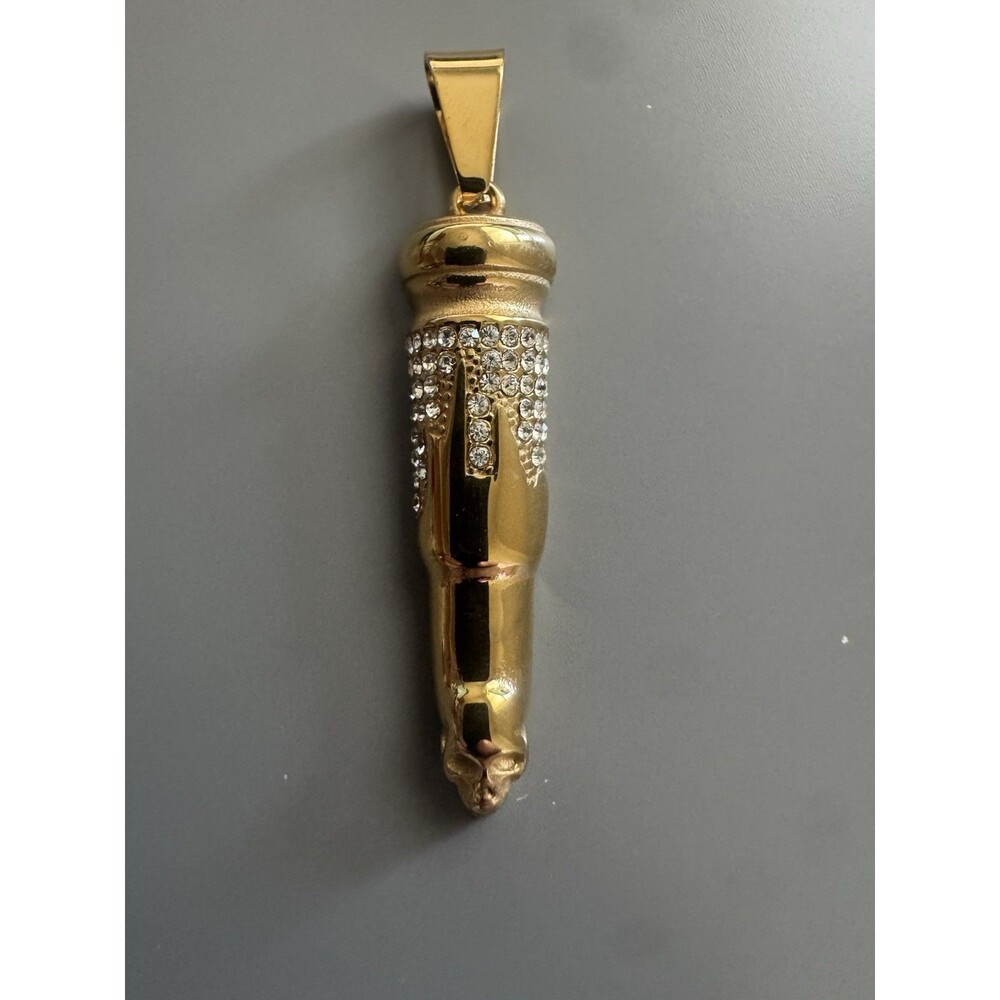 Gold Plated Bullet Skull Pendant Cubic Zirconia 24 Inch Chain Gift Gothic Men’s